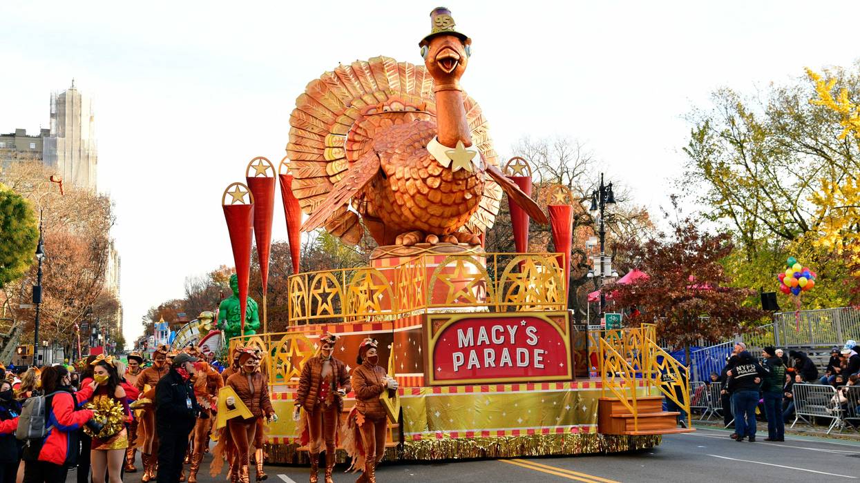 Tom Turkey float is seen as Macy's Parade on Thanksgiving Day is about to start on November 25, 2021 in New York City.