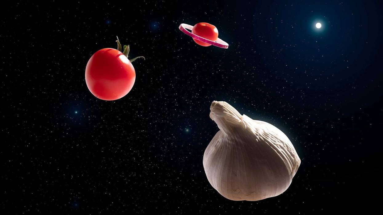 Tomatoes, red onion and a head of garlic floating in space.