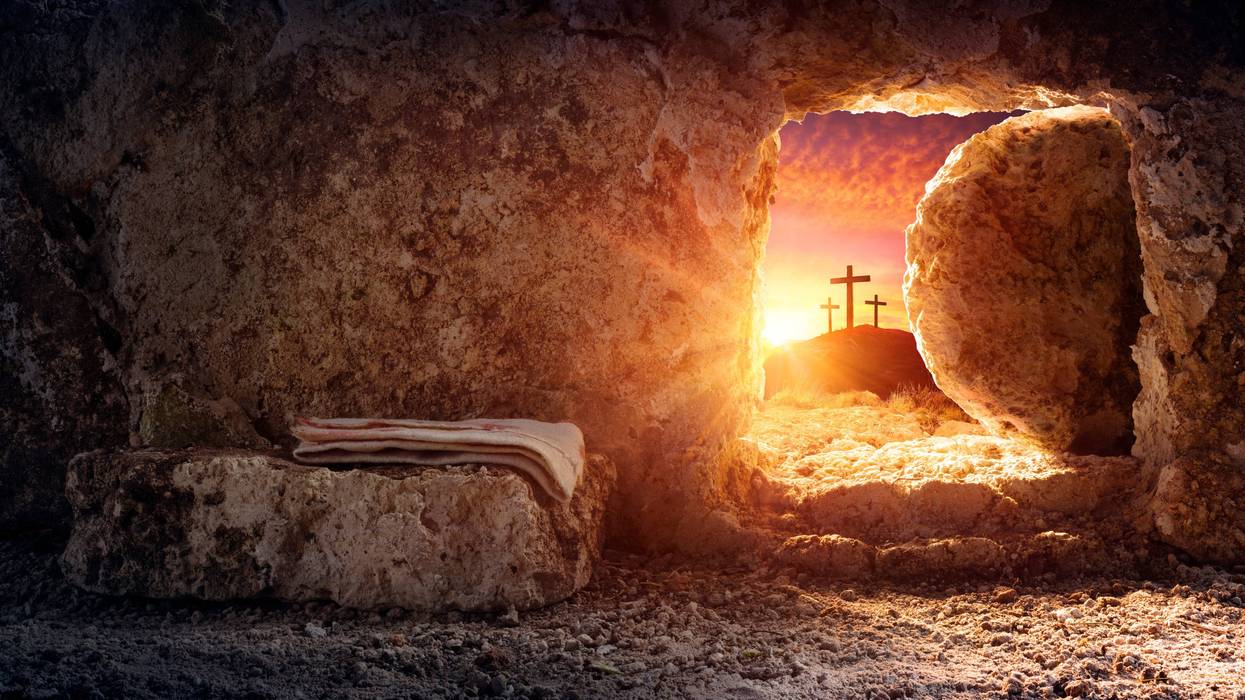 Tomb Empty With Shroud And Crucifixion At Sunrise - Resurrection Of Jesus Christ
