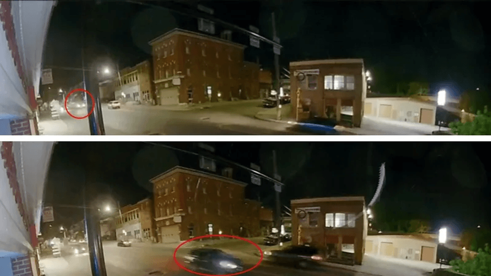 TOP: Just before the moment of impact, the hit-and-run vehicle is seen in the distance. The victim is obscured by the pole in the foreground. BOTTOM: Just after the moment of impact, the driver is seen slowing briefly but not stopping. The victim