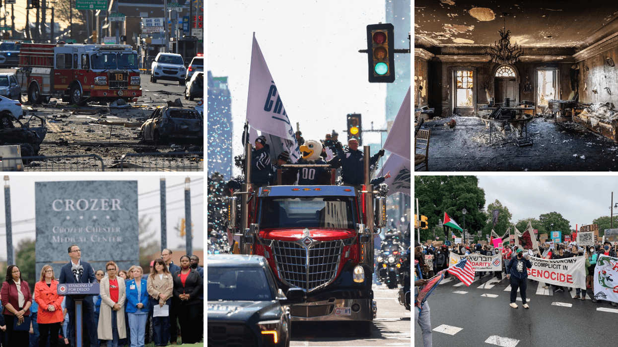 Top left: aftermath of the plane crash in Northeast Philadelphia; Bottom left: Gov. Shapiro speaks about Crozer closure; Middle: Eagles Super Bowl Parade; Top right: Arson attack at Shapiro's mansion; Bottom right: No Kings Protest in Philly