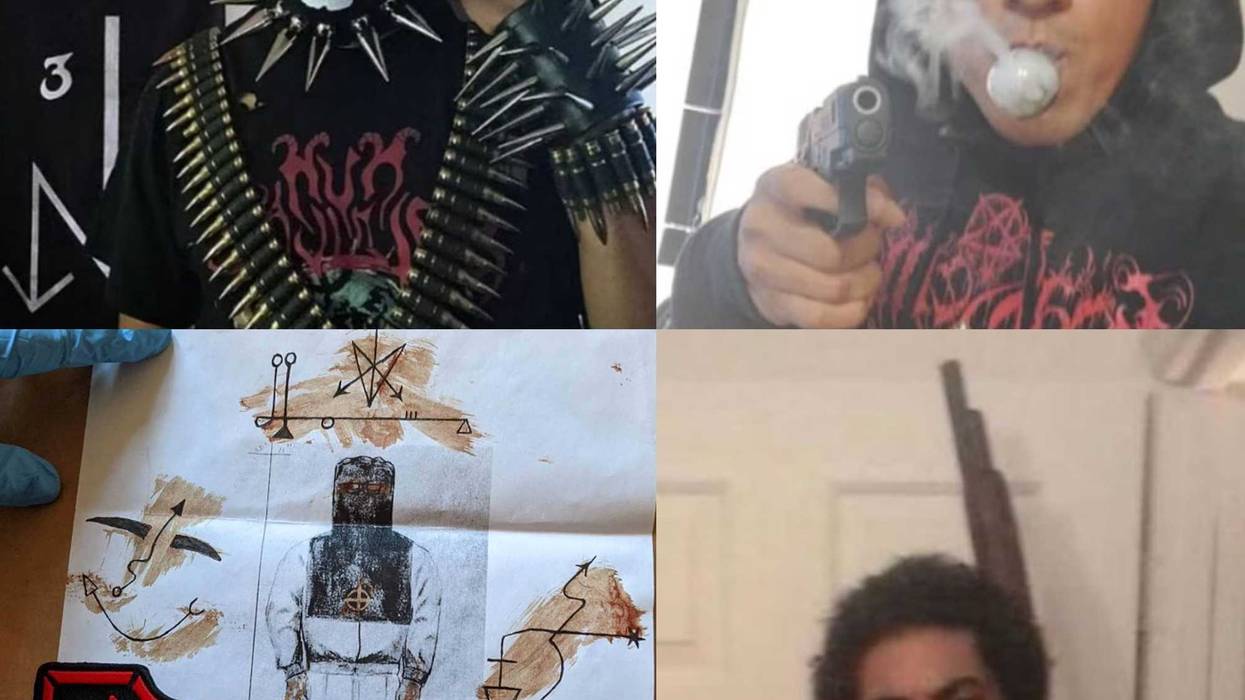 Top left: Almeida standing in front of Order of Nine Angels symbol. Top right: Almeida pointing a handgun at the camera. Bottom left: A drawing recovered during the raid on Almeida's home. Bottom right: Almeida posing with a shotgun.