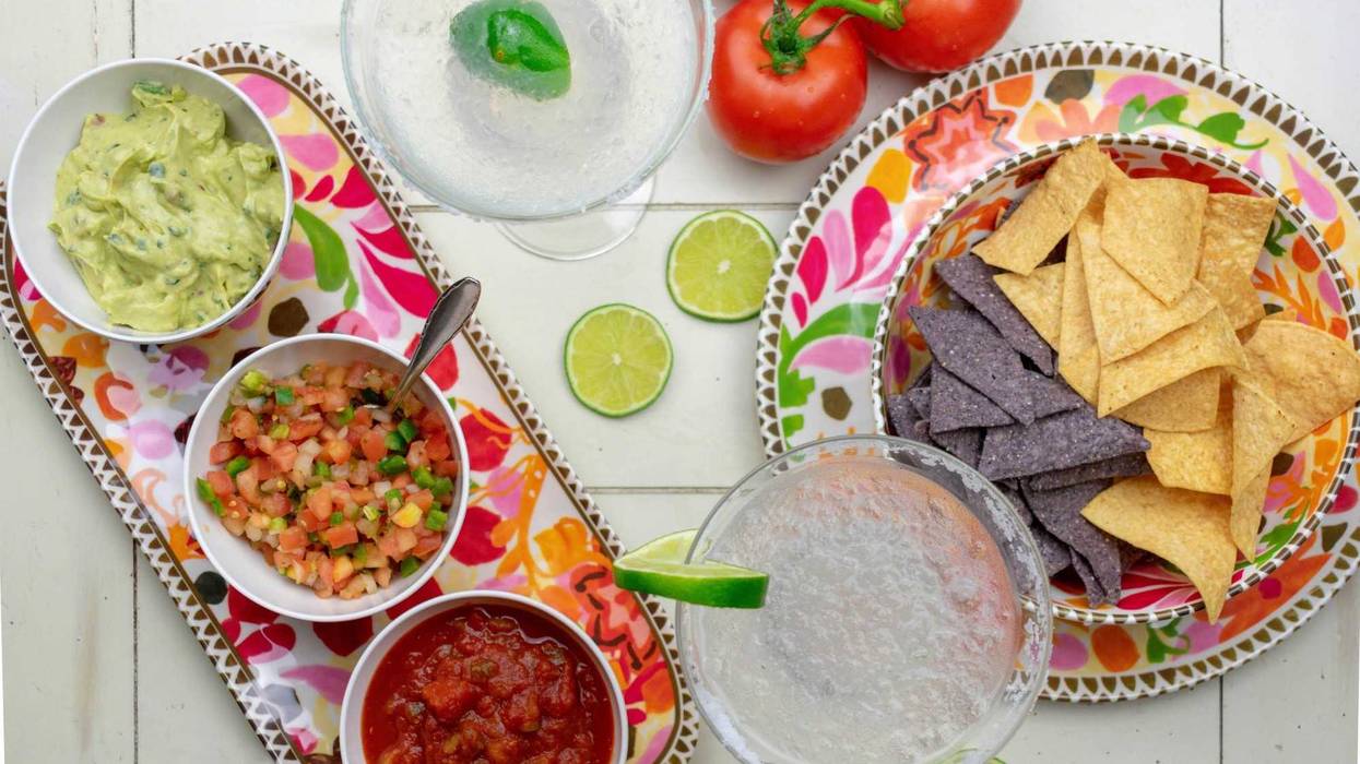 Top view chips, salsa and margaritas for Cinco de Mayo