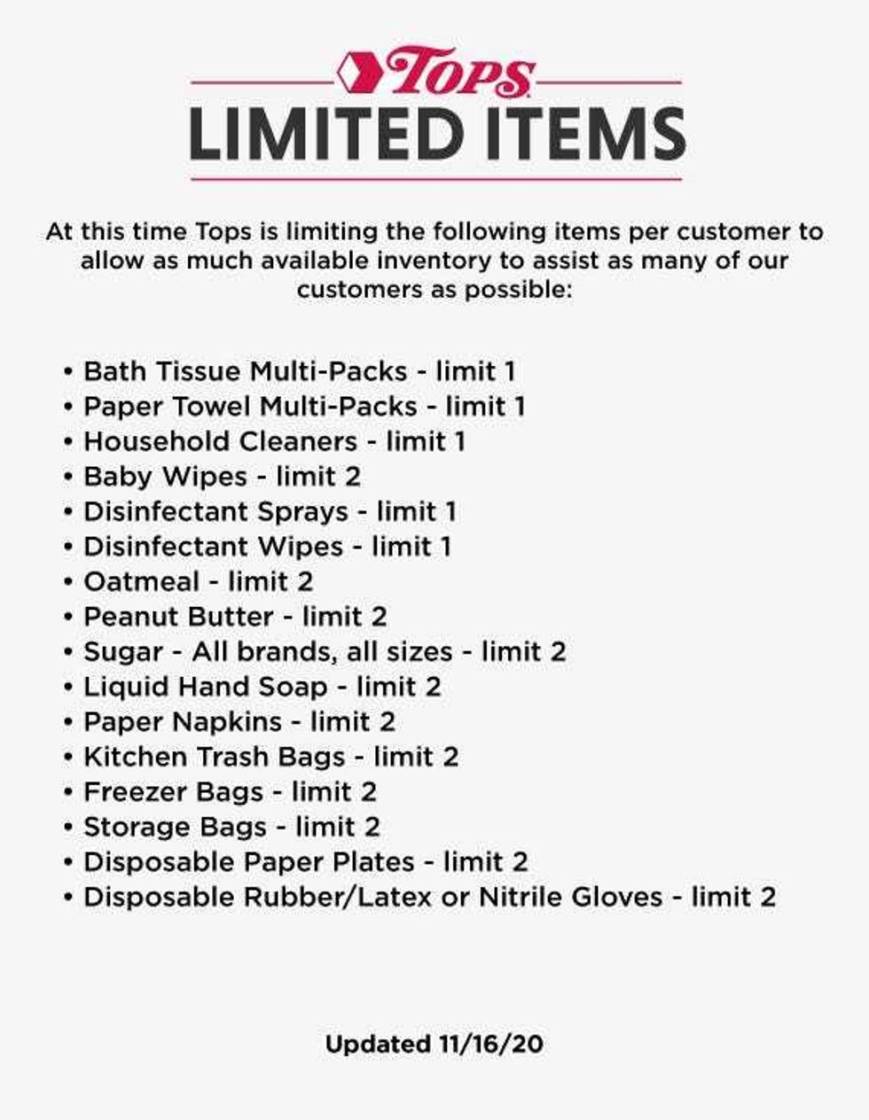 Tops Markets list of limited items as of Nov 16, 2020