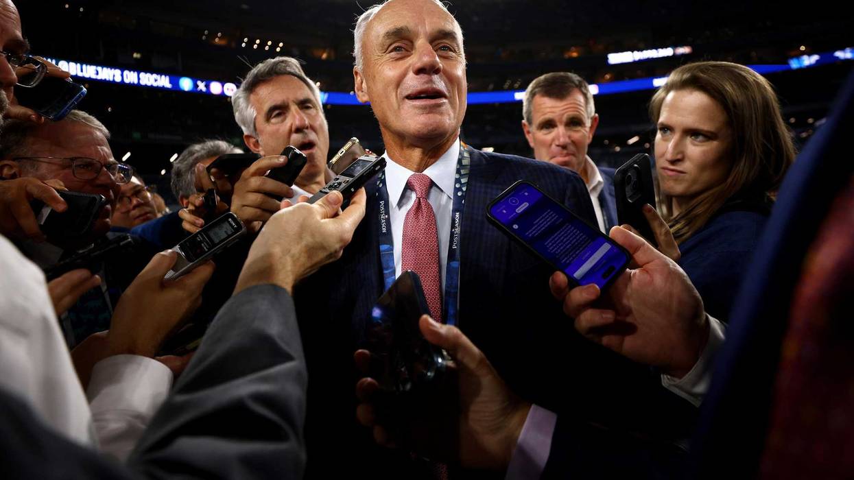 TORONTO, ONTARIO - OCTOBER 25: Rob Manfred, commissioner of Major League Baseball, talks to the media before game two of the 2025 World Series between the Toronto Blue Jays and the Los Angeles Dodgers at Rogers Center on October 25, 2025 in Toronto, Ontario.