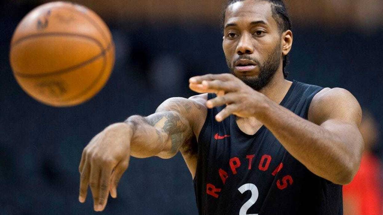Toronto Raptors' Kawhi Leonard passes during practice for the NBA Finals in Toronto on Wednesday, May 29, 2019. Game 1 of the NBA Finals between the Raptors and Golden State Warriors is Thursday in Toronto