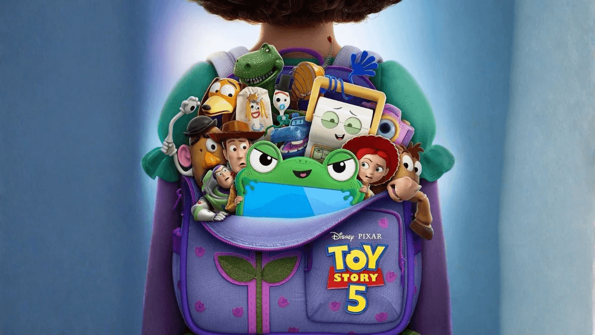 Toy Story 5 Poster; Toys in girls backpack