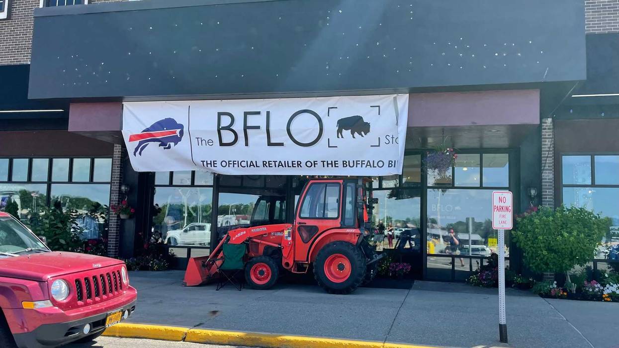 Tractor blocking the entrance of the BFLO Store at Eastern Hills Mall