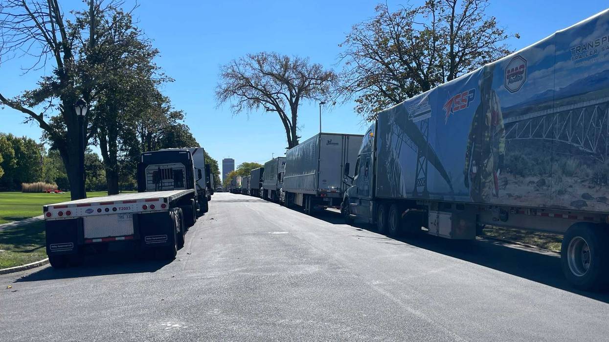 Tractor trailers line up down Busti Avenue