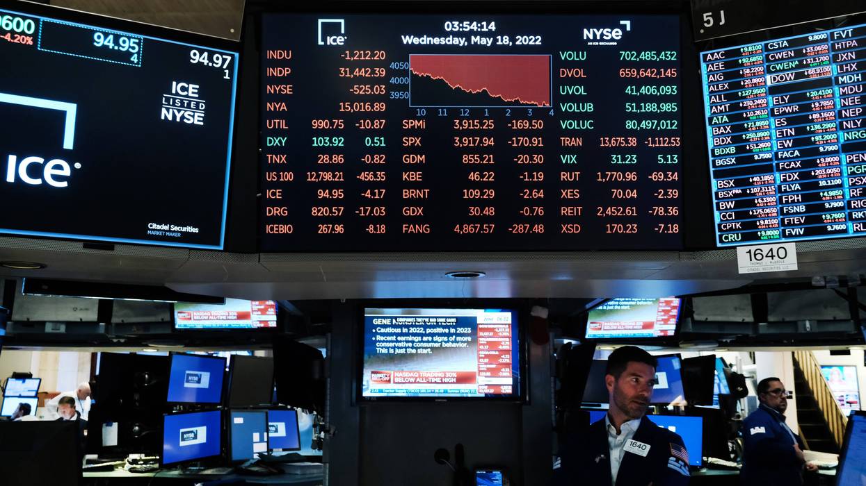 Traders work on the floor of the New York Stock Exchange (NYSE) on May 18, 2022 in New York City. The Dow Jones Industrial Average fell over 1000 points as markets continue their volatile trend.