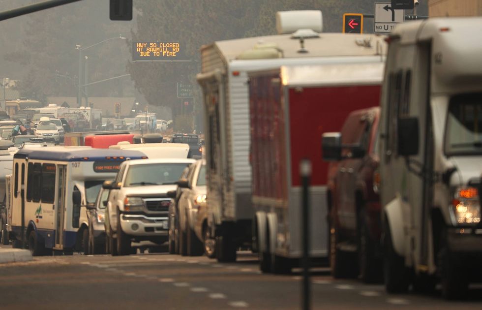 Traffic backs up on Highway 50 as people evacuate ahead of the Caldor Fire in South Lake Tahoe.