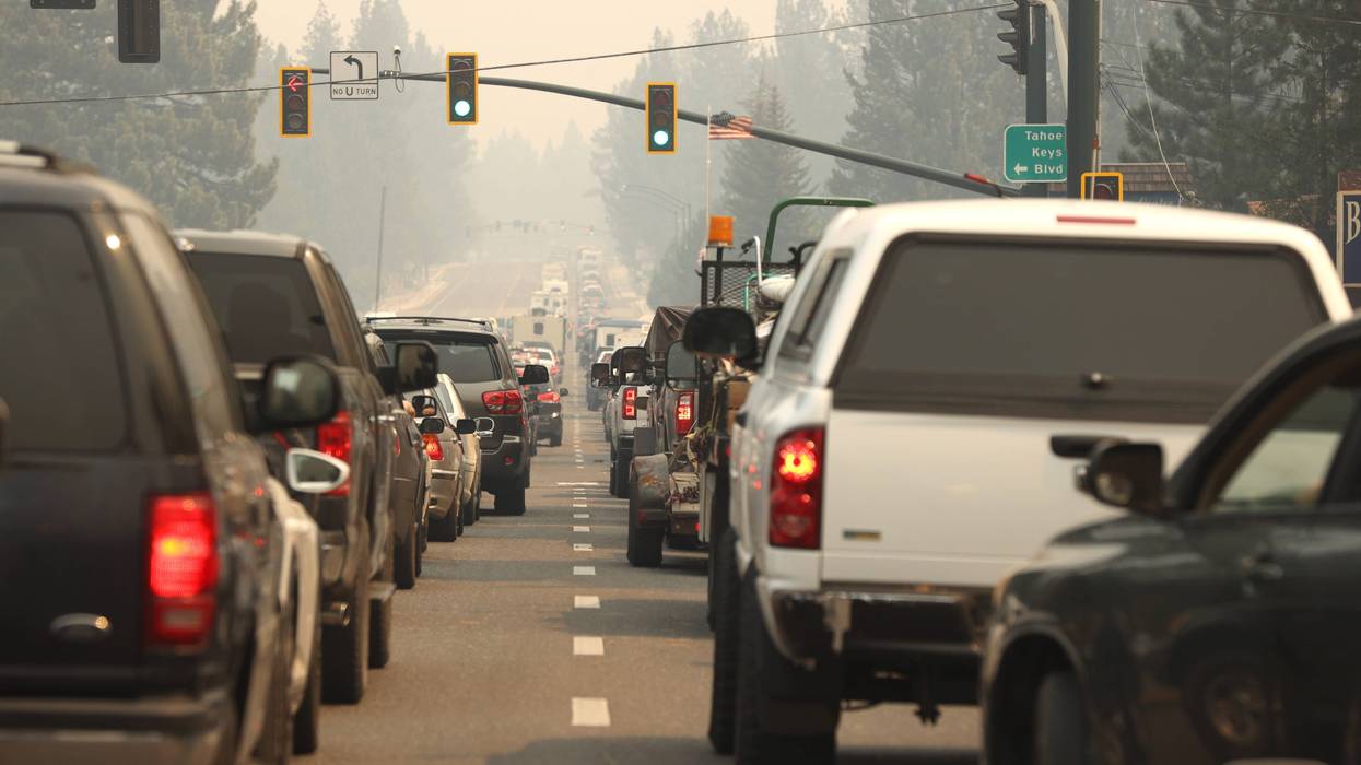 Traffic backs up on Highway 50 as people evacuate ahead of the Caldor Fire on August 30, 2021 in South Lake Tahoe, California.