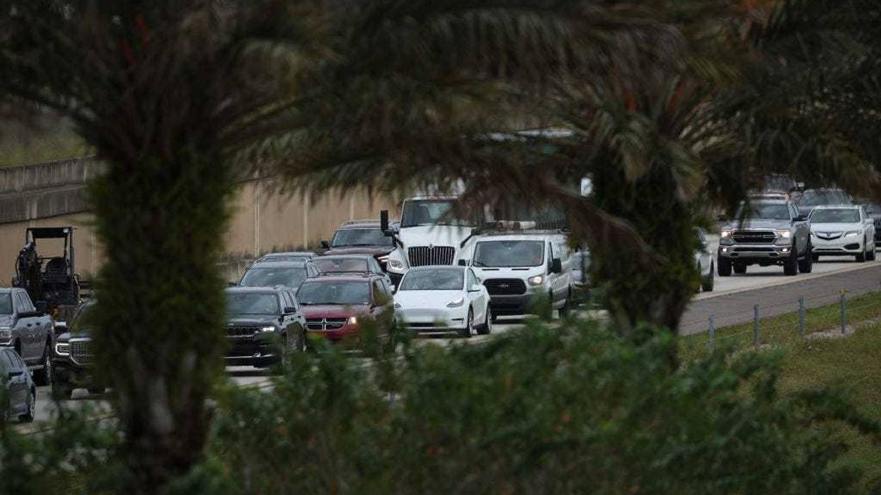Traffic moves slowly on I-4 East as residents evacuate the Gulf Coast of Florida in advance of the arrival of Hurricane Ian on September 27, 2022 in Four Corners, Florida.
