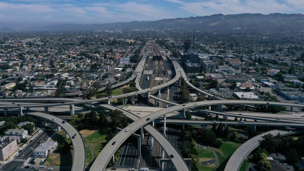 Traffic moves through an interchange along Interstate 580 on July 25, 2019 in Oakland, California.