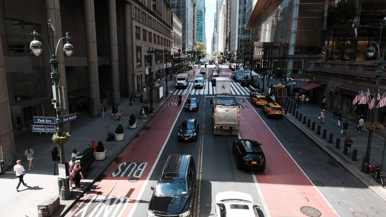 Traffic moves through midtown Manhattan on August 31, 2022 in New York City. A proposed congestion pricing plan in New York City to reduce traffic has attracted hundreds of New Yorkers to a series of public hearings on the matter. The plan, which would toll drivers in Manhattan south of 60th Street as much as $23 during rush hour, was designed to lessen traffic congestion by as much as 20%, according to an MTA analysis. If approved, the plan could go into effect by late 2023.