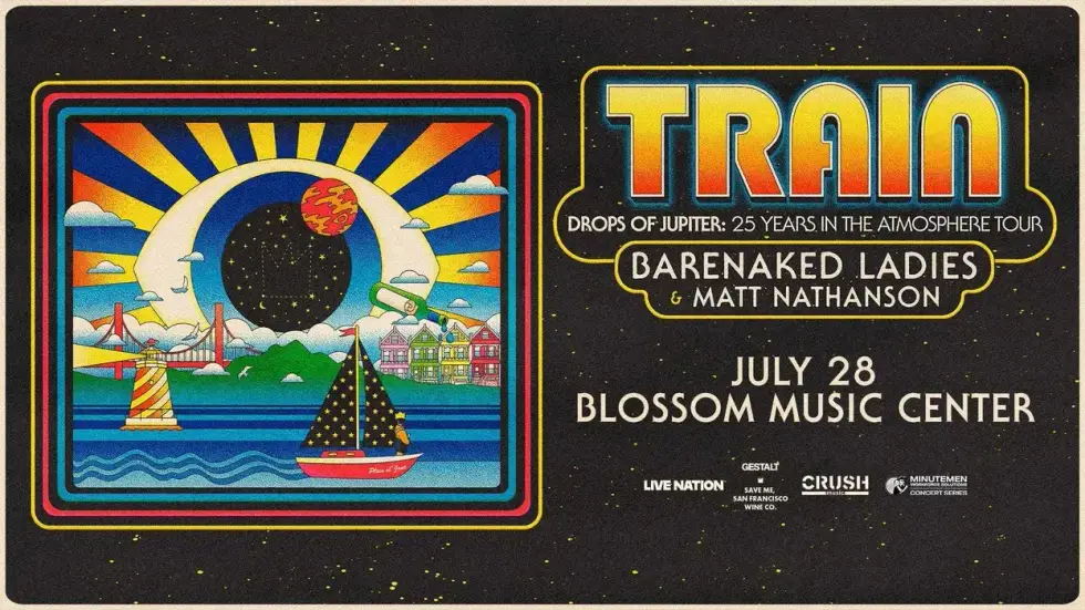 Train, Barenaked Ladies, Matt Nathanson concert poster for July 28 at Blossom Music Center. Drops of Jupiter Tour.