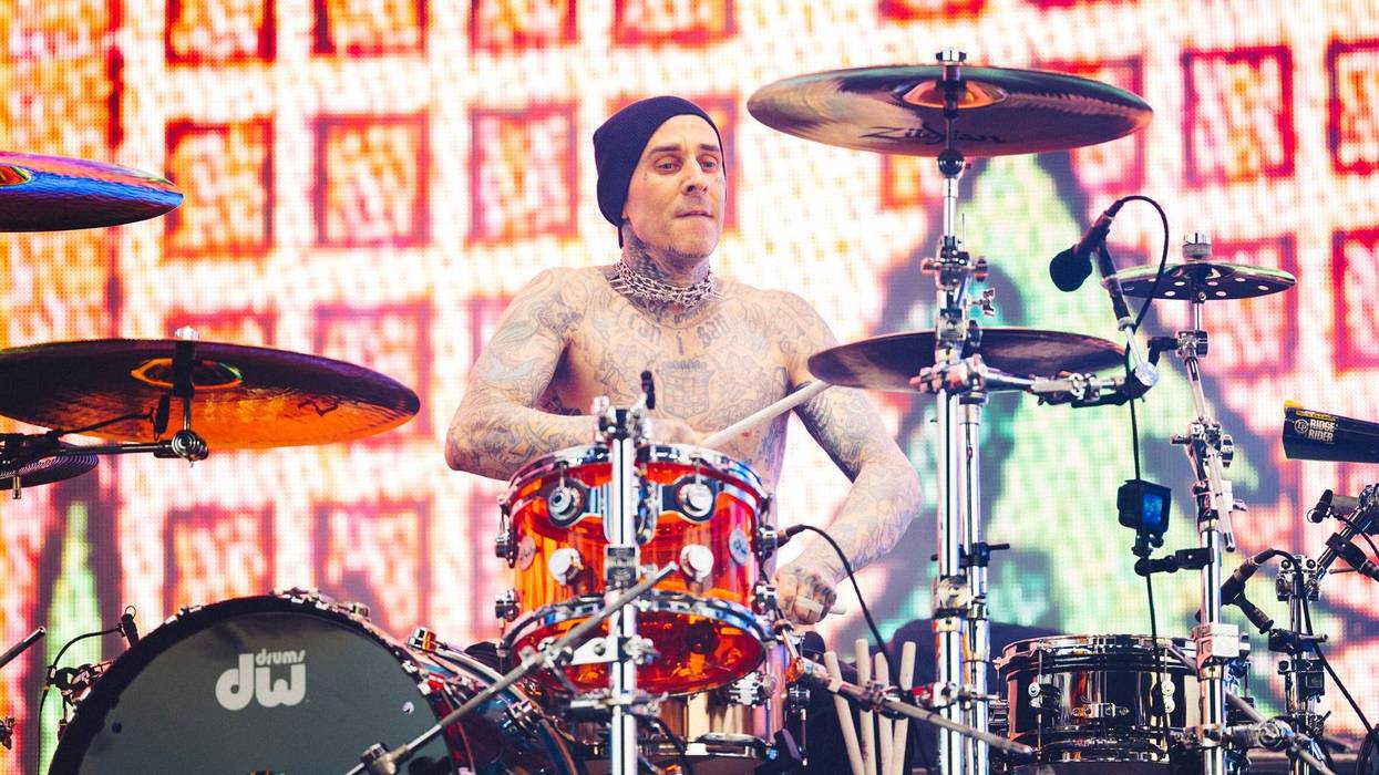 Travis Barker of Blink-182 performs at the Sahara Tent during the 2023 Coachella Valley Music and Arts Festival on April 14, 2023 in Indio, California