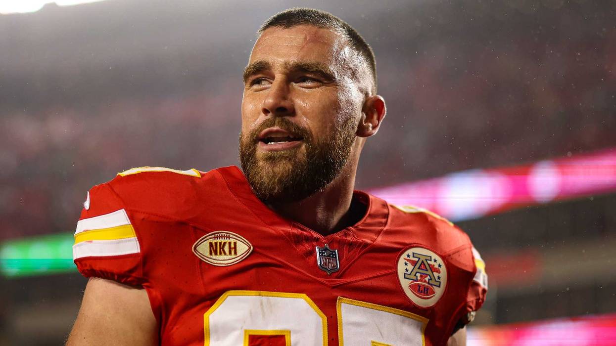Travis Kelce of the Kansas City Chiefs warms up prior to an NFL football game against the Philadelphia Eagles at GEHA Field at Arrowhead Stadium on Nov. 20, 2023, in Kansas City, Mo.