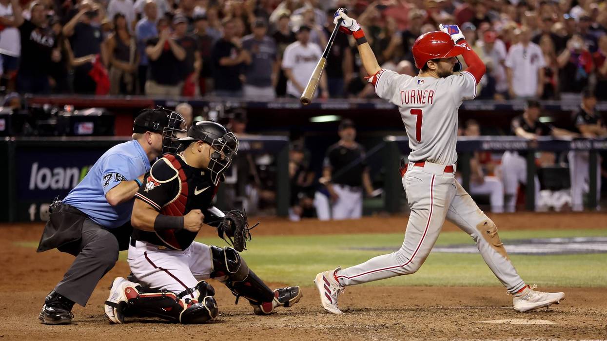 Trea Turner strikes out in the ninth inning, giving the Diamondbacks the win in Game 4 of the NLCS at Chase Field in Phoenix, Arizona.