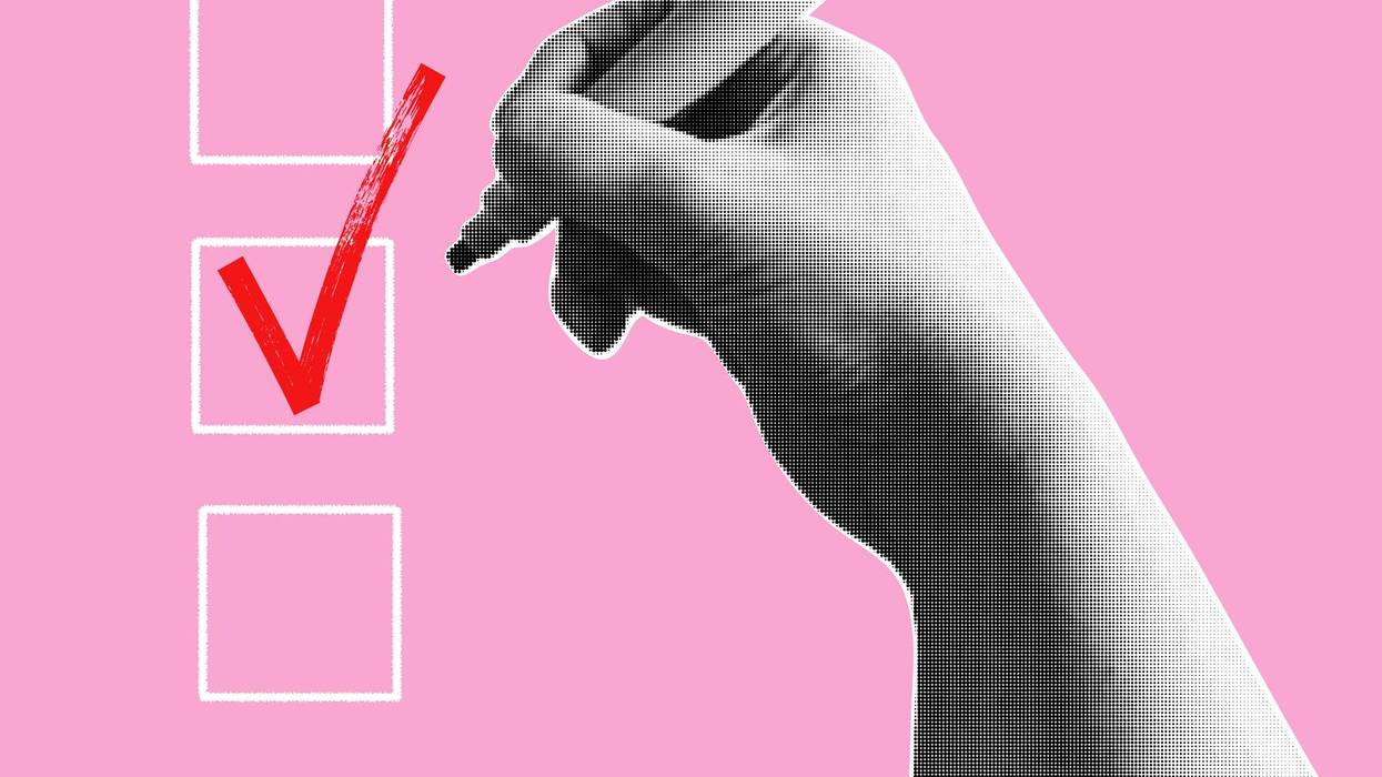 Trendy halftone banner with hand holding marker and writing check mark. Modern retro style. Voting concept. Contemporary collage for design template. Vector illustration.