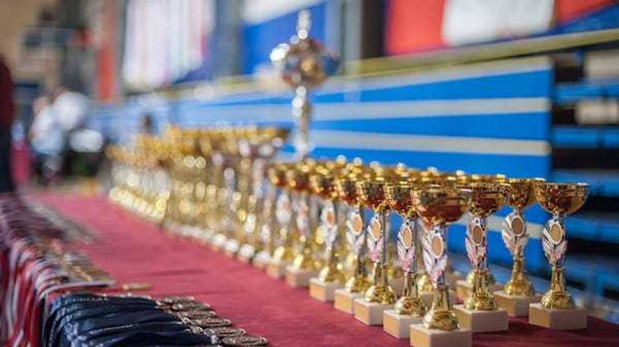 Trophies and medals lined up on table