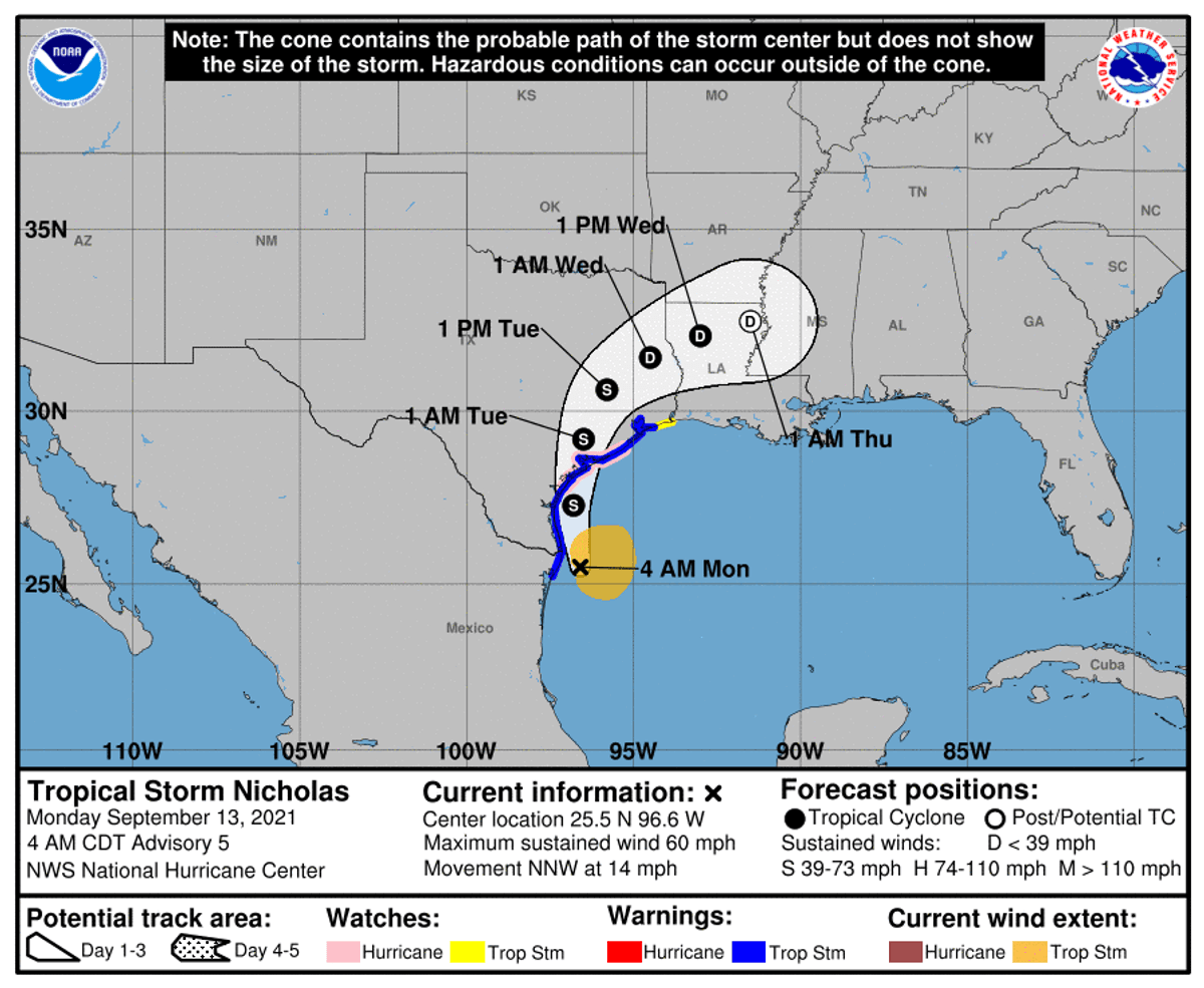 Tropical Storm Nicholas strengthening off the lower Texas coast