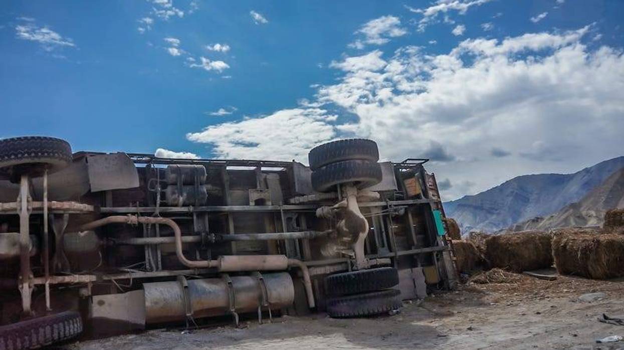Truck crashed on high mountain road.