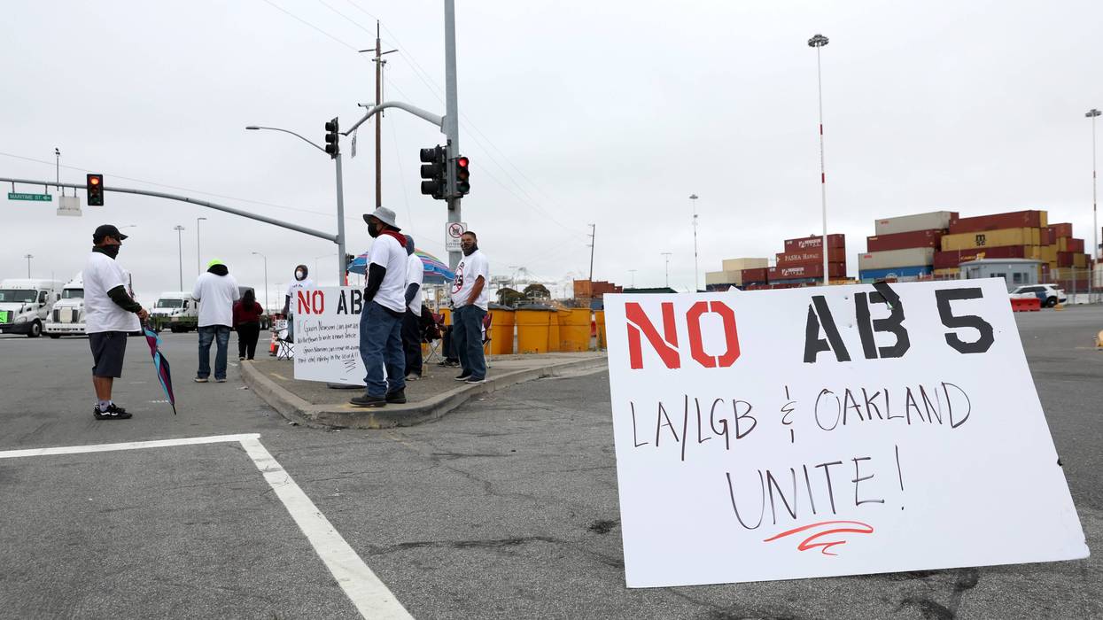 Truck drivers block the entrance to a container terminal at the Port of Oakland on July 21, 2022 in Oakland, California.