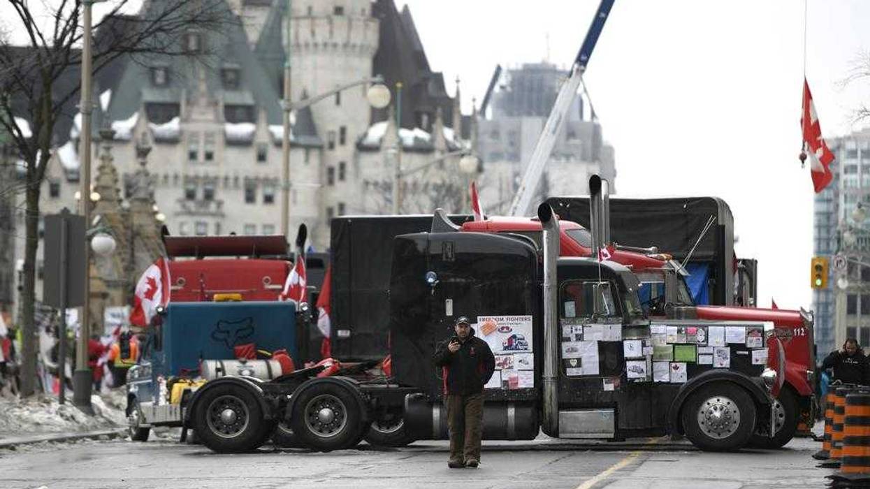 Trucks block access to the Ambassador Bridge in Windsor, Ont.