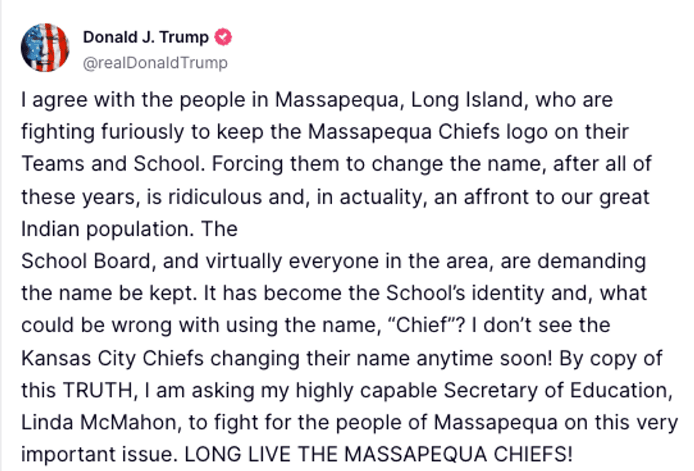 Trump has entered the fray on the Massapequa Chiefs mascot fight