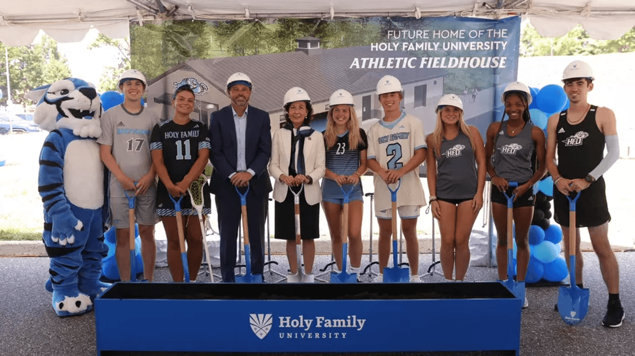 Trustees past and present, students and alumni, faculty and staff attend a ground-breaking ceremony.