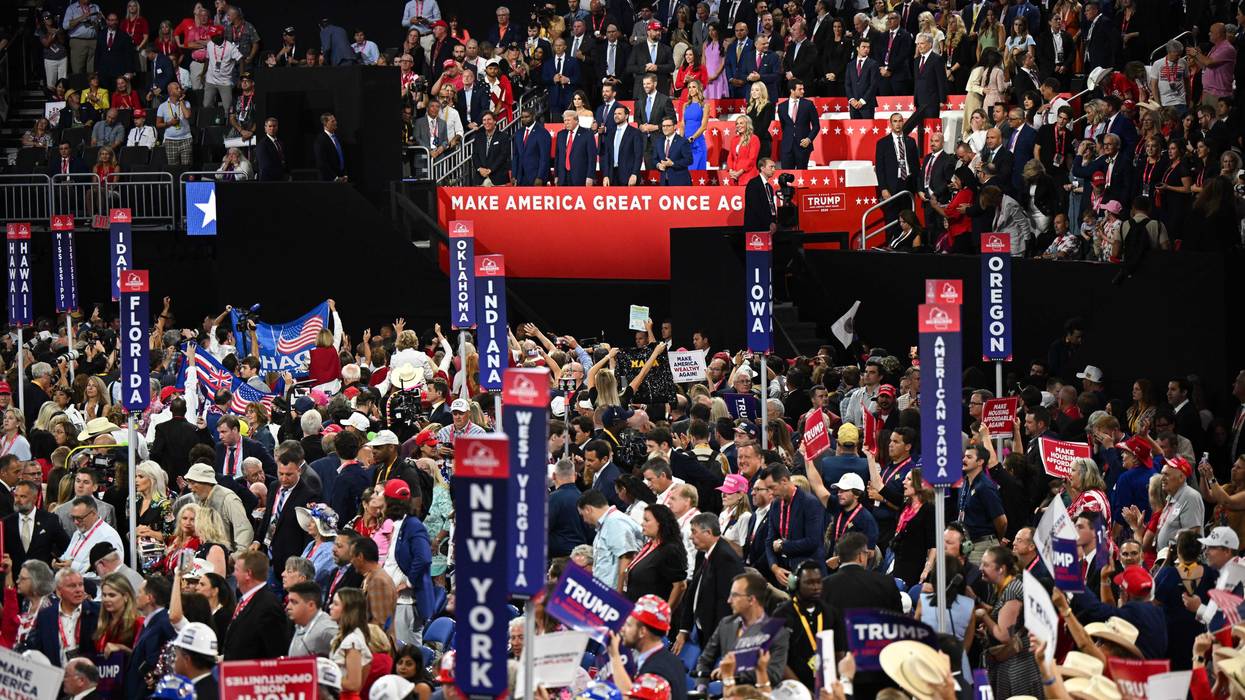 Tucker Carlson, U.S. Rep. Byron Donalds (R-FL), Republican presidential candidate, former U.S. President Donald Trump, Republican vice presidential candidate, U.S. Sen. J.D. Vance (R-OH), Speaker of the House Mike Johnson (R-LA) and his wife Kelly Johnson appear at Republican National Convention.