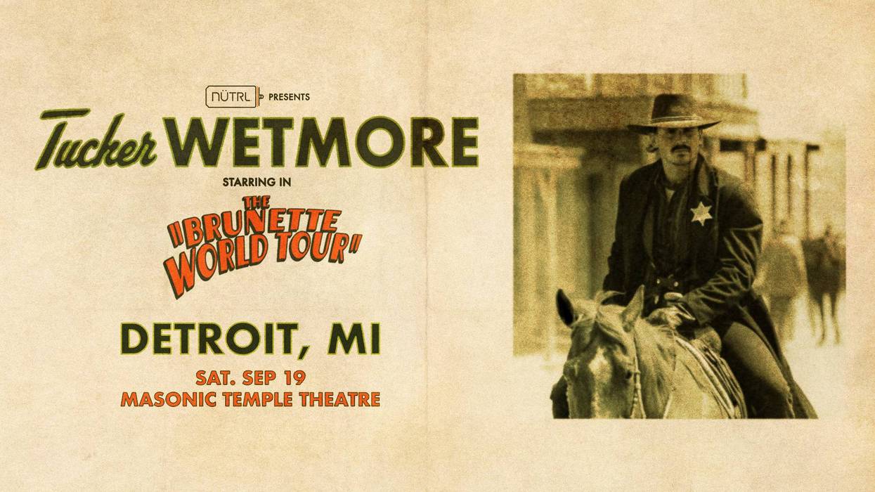 Tucker Wetmore "Brunette World Tour" poster: sepia image of a sheriff on a horse.