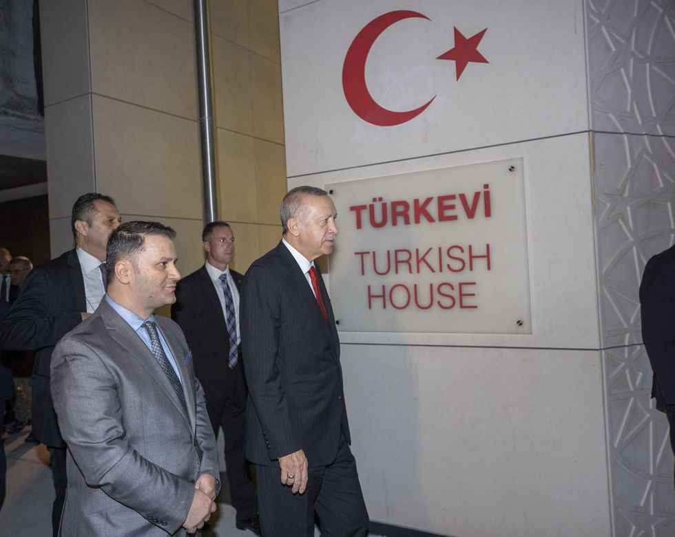 Turkish President Recep Tayyip Erdogan arrives to visit Turkevi Center (Turkish House) before he attends the 77th General Assembly of the United Nations (UN) in New York, USA on Sept. 17, 2022.