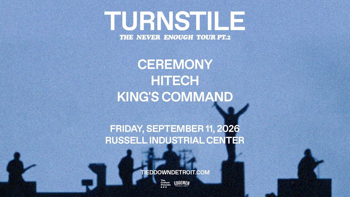 Turnstile concert poster: band silhouettes against a blue sky. Sept 11, 2026, Russell Industrial Center.