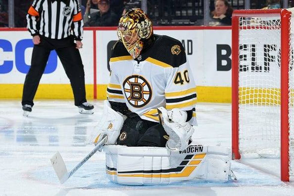 Tuuka Rask stops the puck from going through the 5-hole.