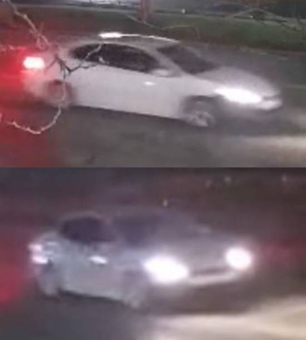 Two blurry, night security camera images of a white sedan: one side view, one front view.