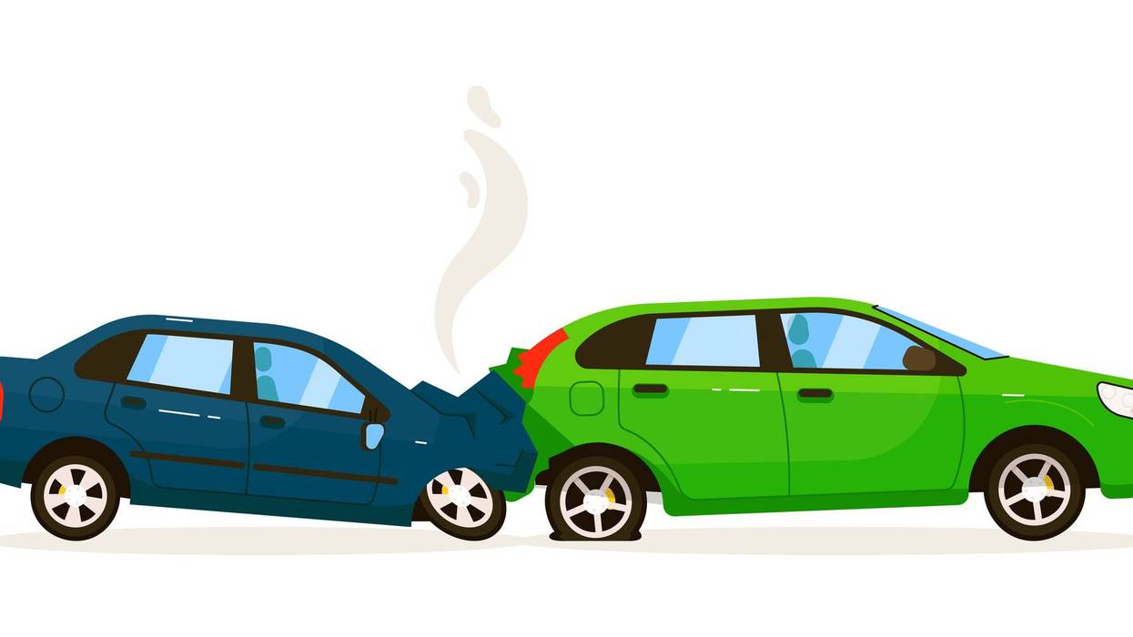 Two car rear end collision on white road background