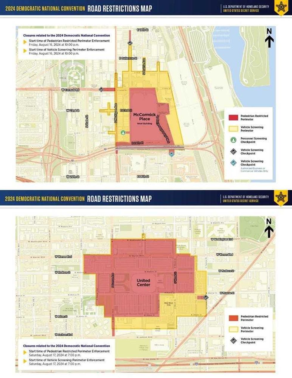 Two maps show the perimeters that will be in place around the United Center and McCormick Place during the 2024 Democratic National Convention in Chicago.