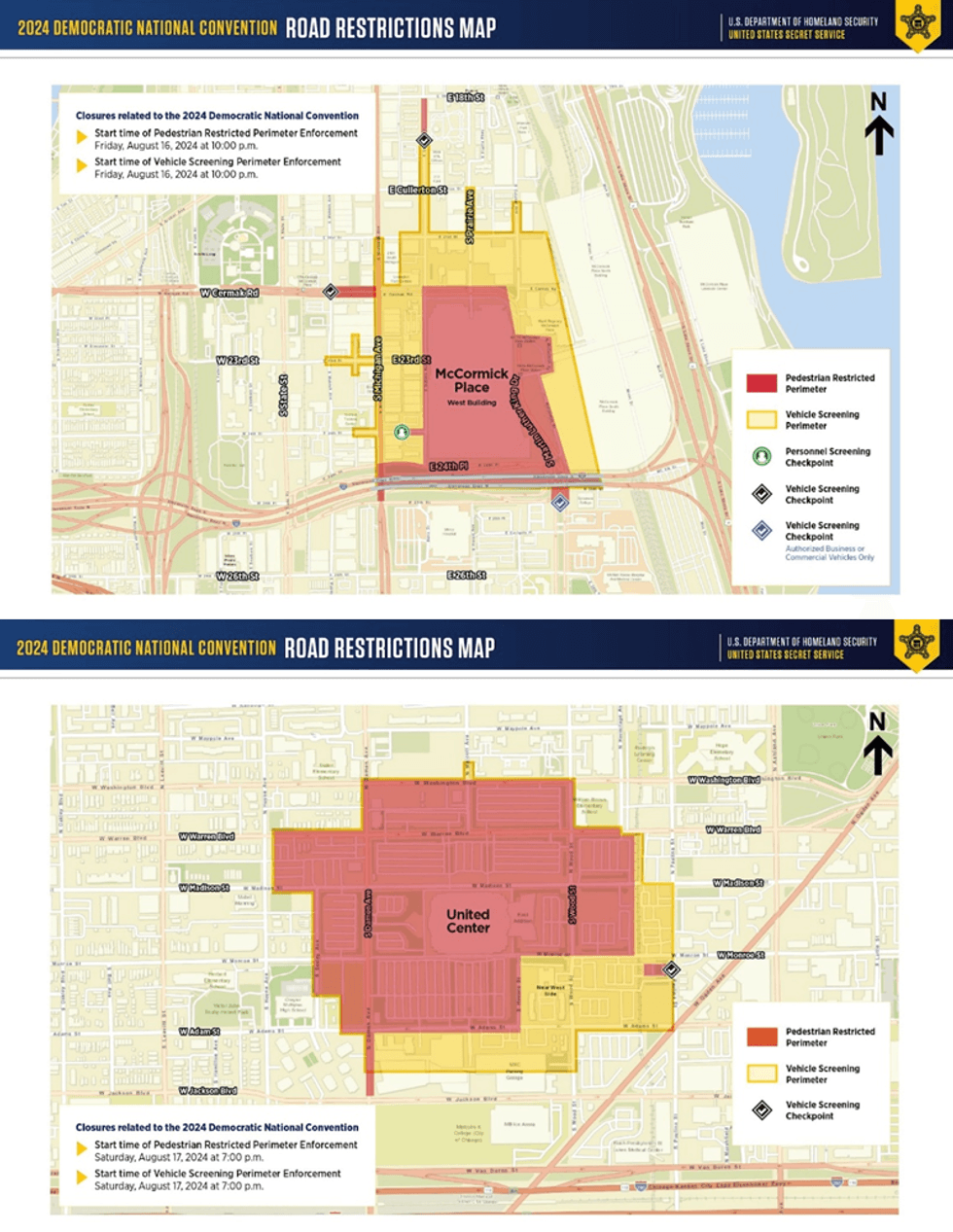 Two maps show the perimeters that will be in place around the United Center and McCormick Place during the 2024 Democratic National Convention in Chicago.