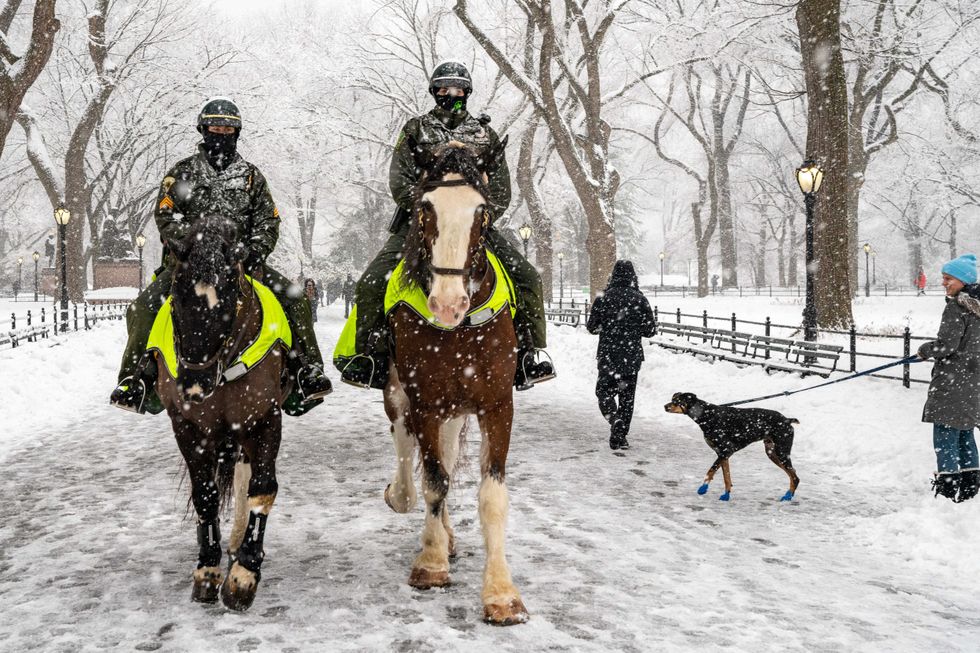 Two members of the NYPD elite mounted unit patrol in Central Park during a snow storm on February 7, 2021 in New York City