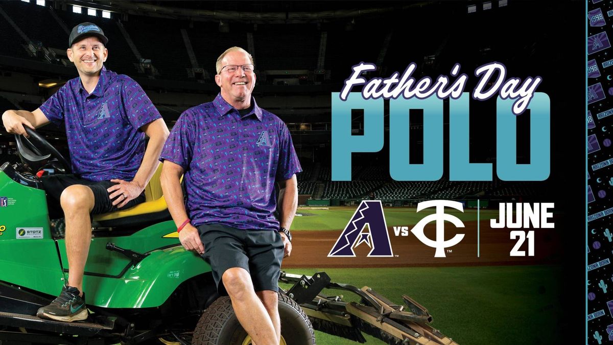 Two men in D-backs polos on a groundskeeping vehicle promoting Father's Day Polo, June 21.
