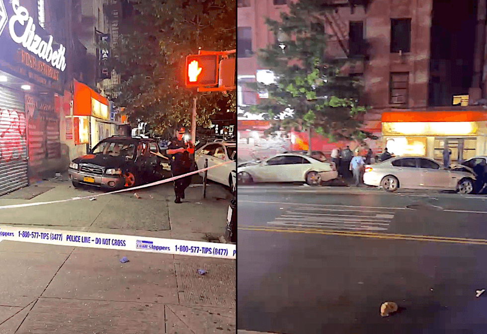 Two men were killed and multiple people injured when two cars collided and at least one jumped a curb in Inwood early Wednesday