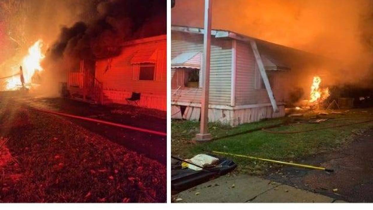 Two photos of a mobile home fire. The back half of the mobile home is completely engulfed in flames. Debris is scattered around the yard.