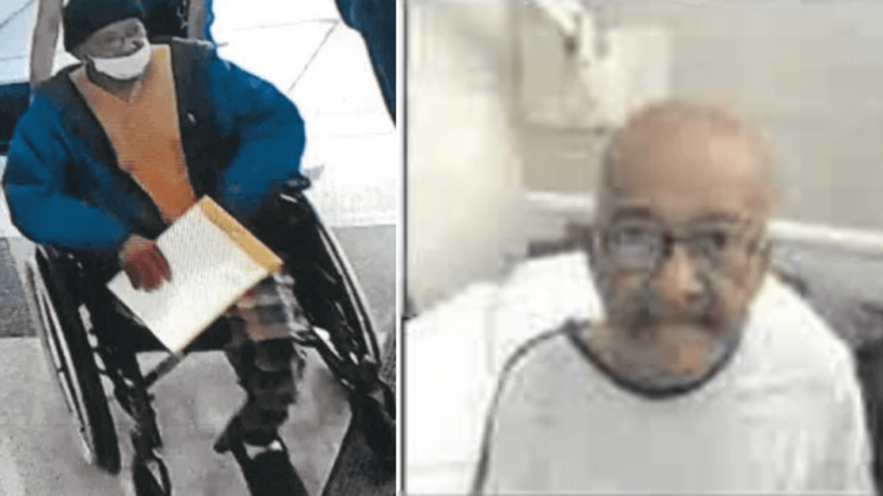two photos of elderly bald man in wheelchair
