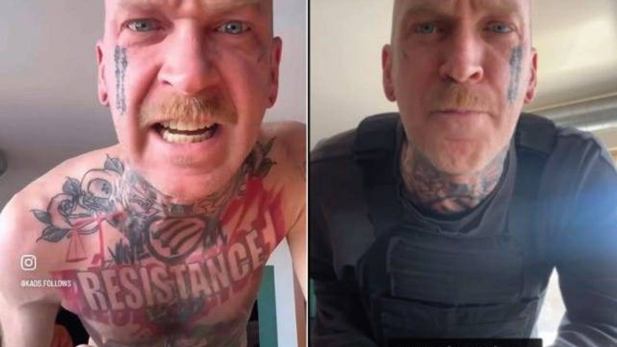 Two pictures of angry looking tattooed man yelling at his phone camera