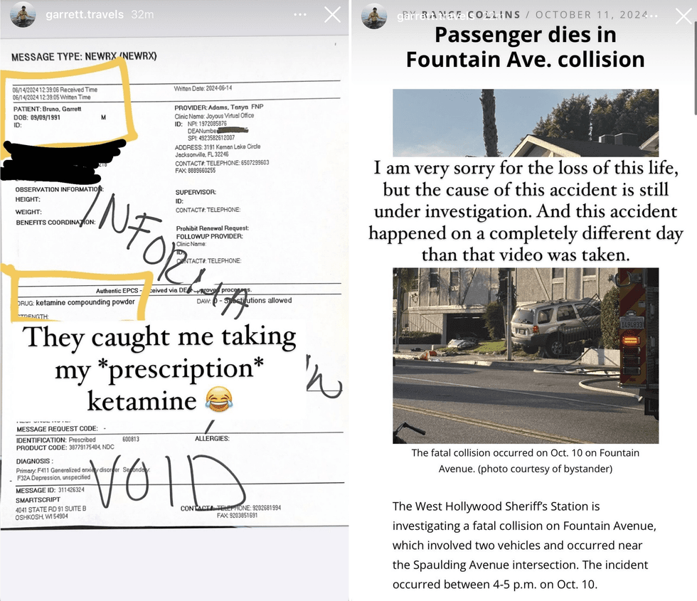 two screenshots of instagram stories showing a ketamine prescription and article about the crash
