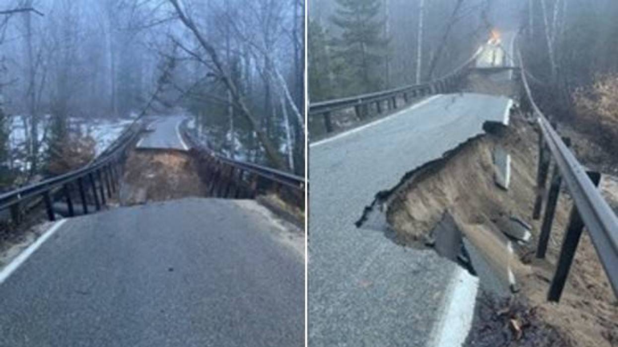 Two views of a road collapsed in a foggy forest, with severe damage to the asphalt, embankment, and guardrails.