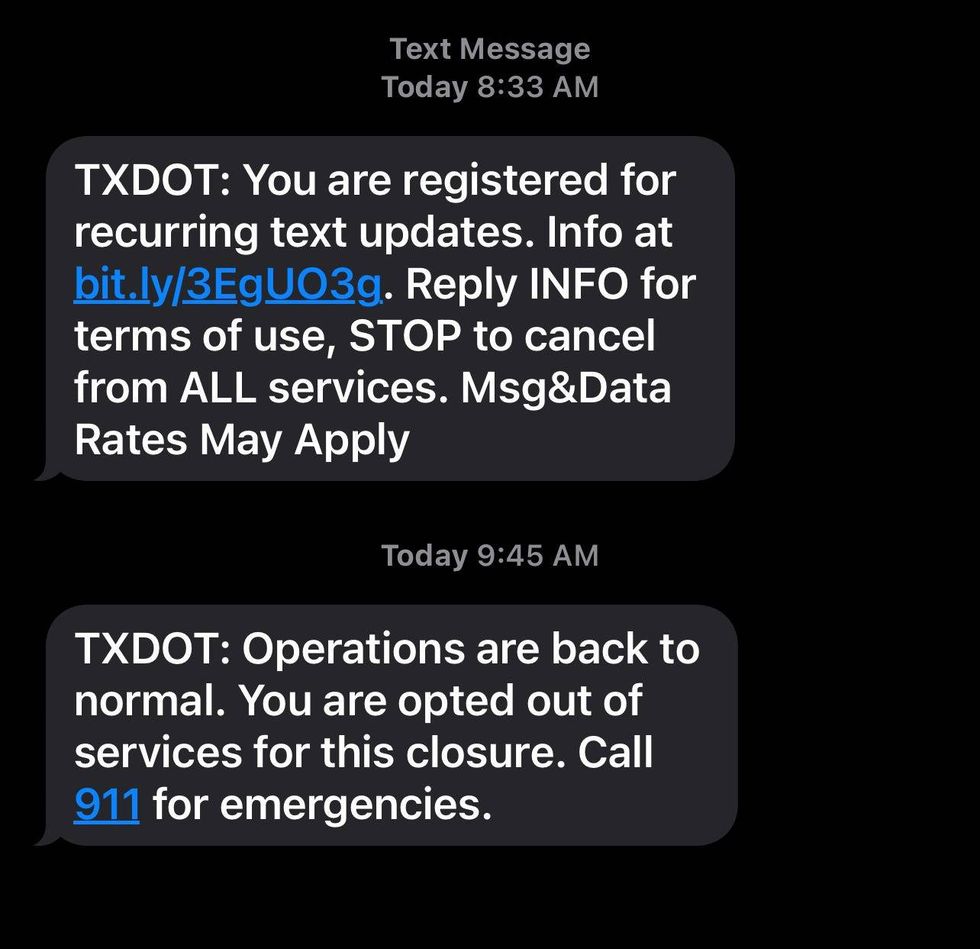 TXDOT Alert message example