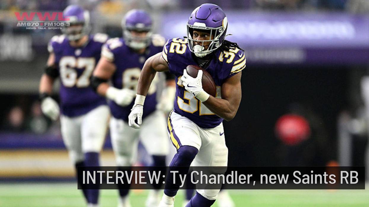 Ty Chandler (Vikings #32) runs with football. Text: 'new Saints RB'.